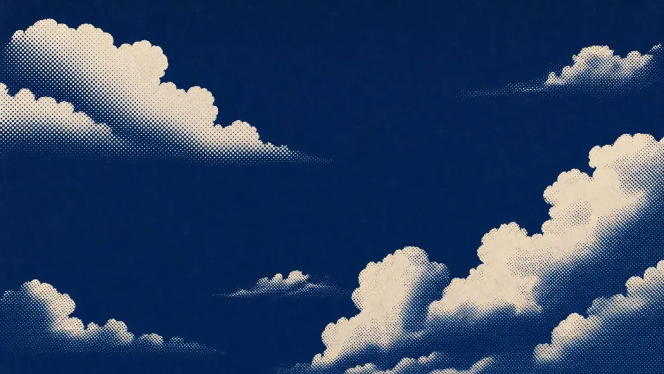 Cream clouds built from delicate halftone dots across a deep midnight blue sky
