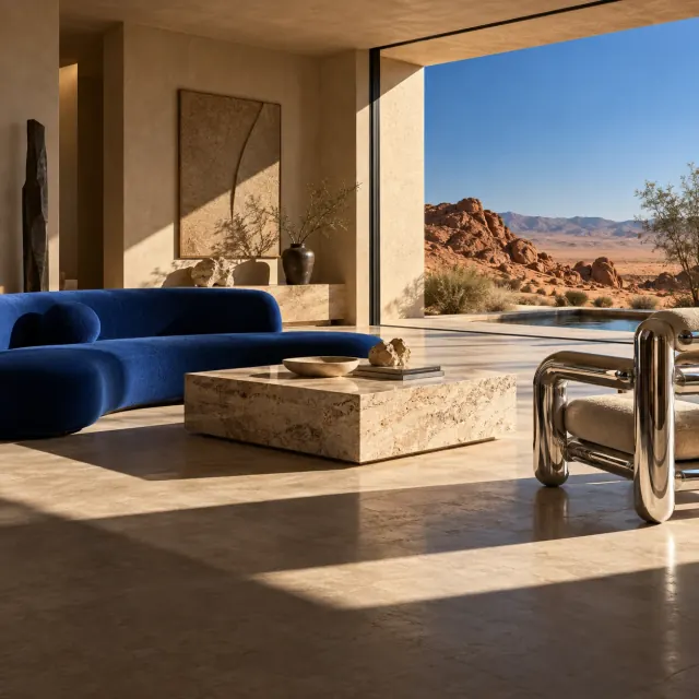 A cobalt sofa, travertine table and chrome chair in a sunlit desert living room with an open mountain view