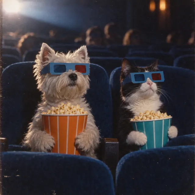 A white terrier and a black and white cat wear blue cardboard 3D glasses and hold orange and teal popcorn buckets among deep blue cinema seats, with soft screen light and vintage film grain