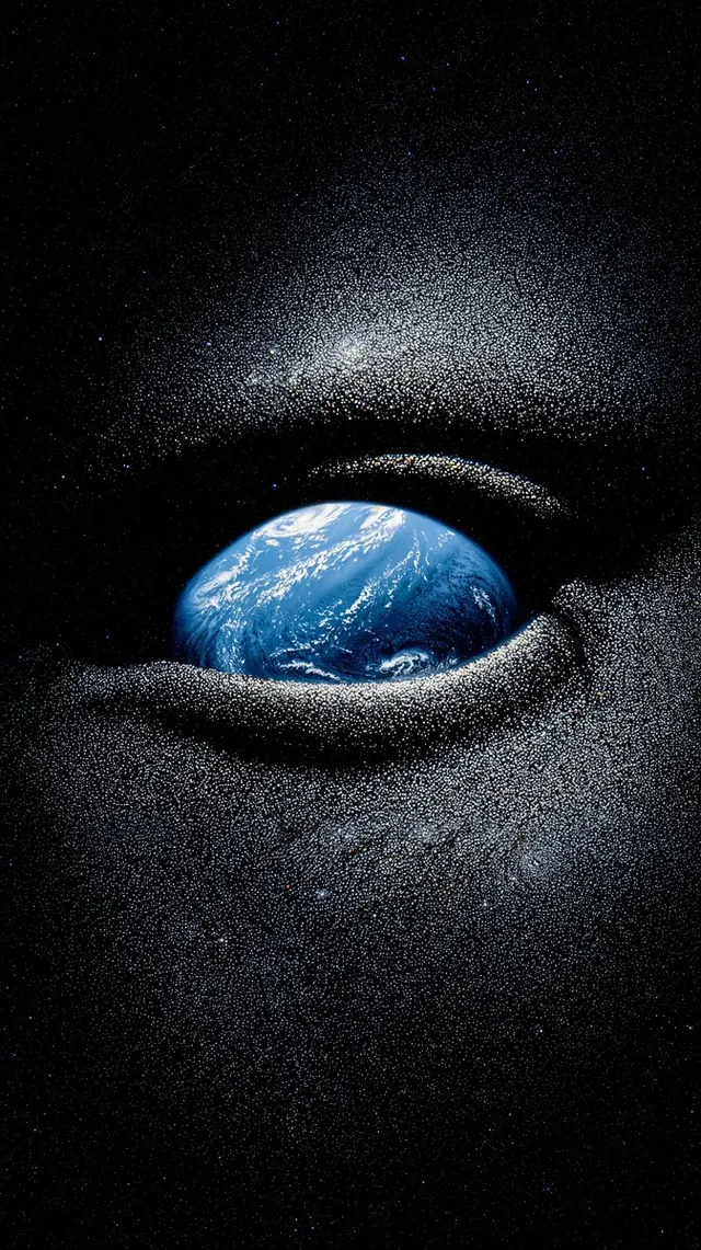 Earth Inside a Black Eye. Visual study of surreal eye, planet Earth, macro photography