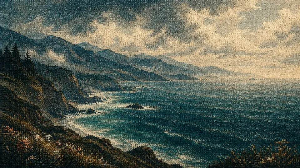 Rugged coastline and green wooded cliffs rendered entirely in fine embroidered thread