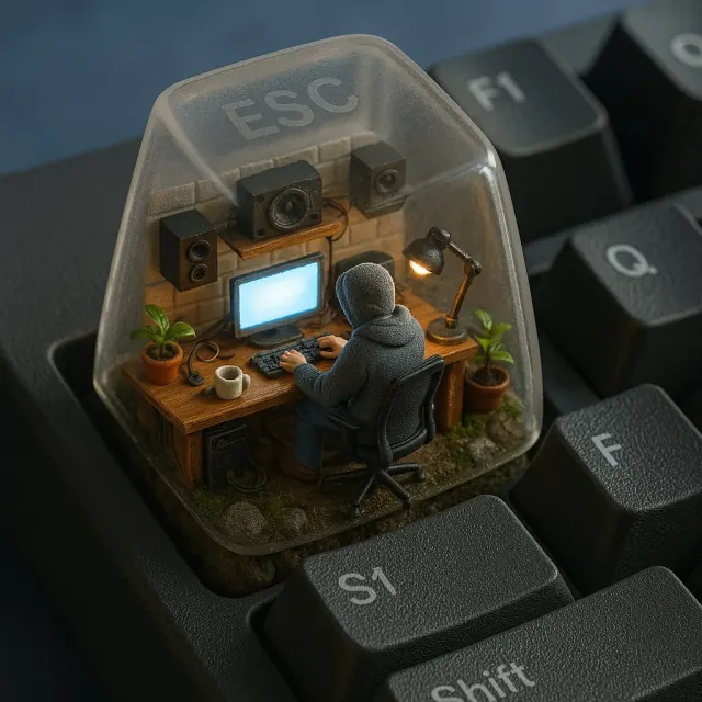 Tiny furnished home studio inside a transparent Escape keycap on a mechanical keyboard