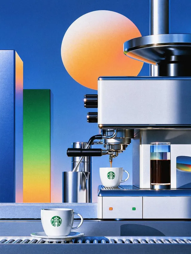 A silver espresso machine pours into a white cup beneath an orange disc on a blue background.