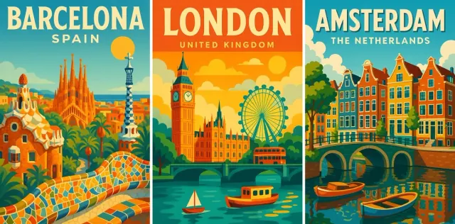Three coordinated illustrated European city travel posters separated by narrow cream gutters