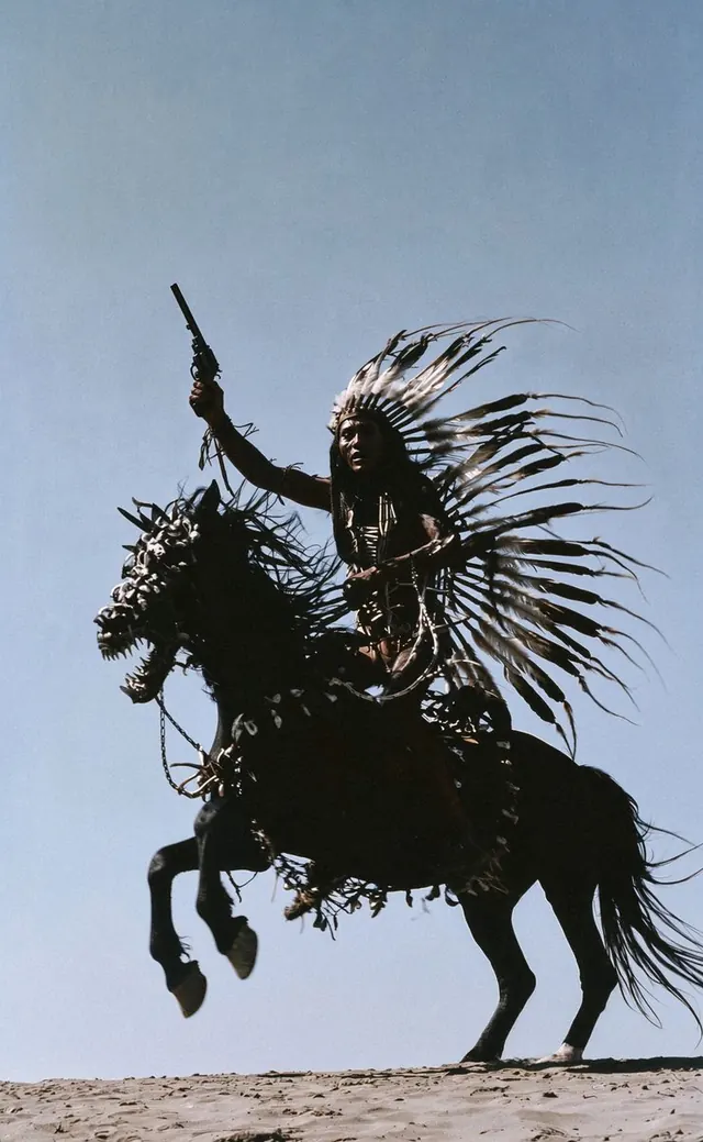 Feathered Rider and Bone Horse. Visual study of dark fantasy rider, desert horse, grainy cinematic photography