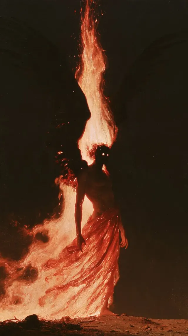 Flaming head above a flowing red gown. Visual study of fire figure, flowing gown, dark angel