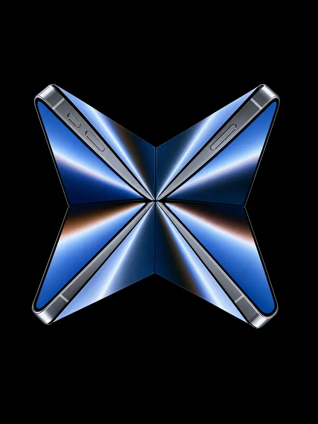 Four blue reflective smartphone folds form a symmetrical butterfly shape on black.