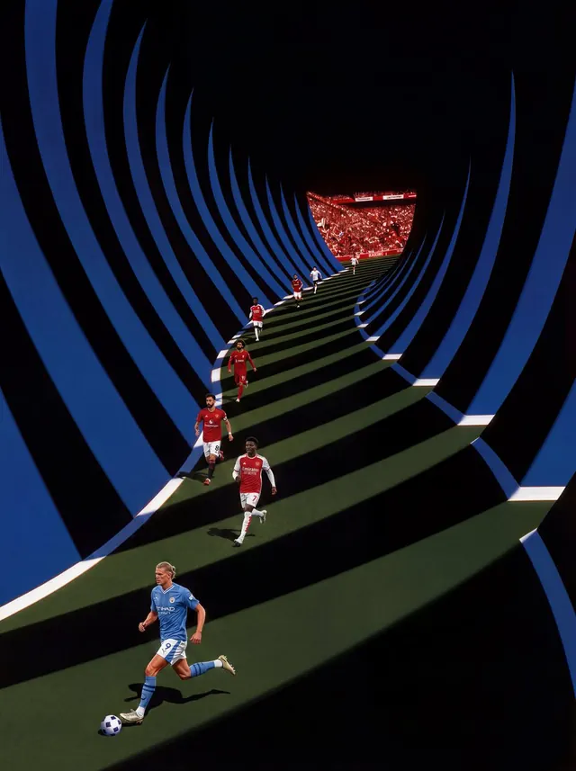 Football Tunnel of Blue Ribs. Visual study of sports architecture, perspective tunnel, football poster