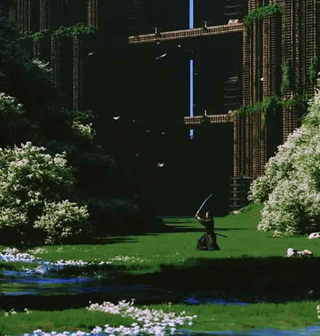 Surreal garden enclosed by towering dark residential blocks with repeated balconies