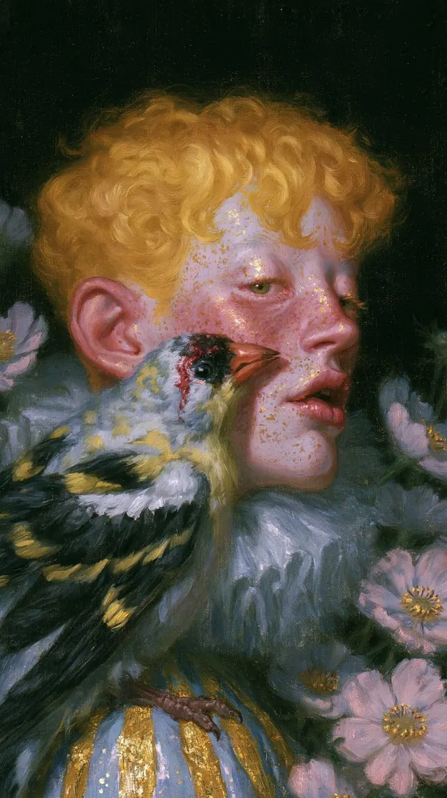 Golden curls with a finch and flowers. Visual study of golden hair portrait, finch, floral surrealism