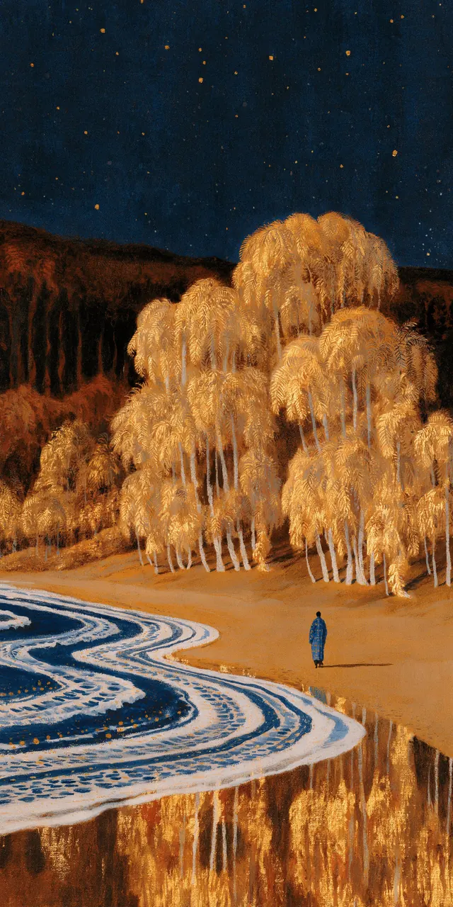 Golden weeping trees and a tiny blue figure beside looping white surf under a starry sky.