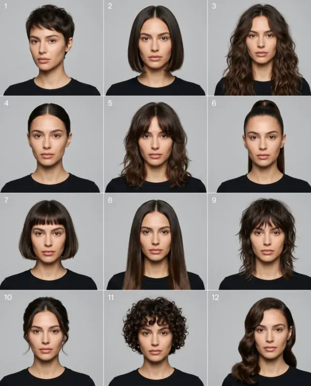 Grid of evenly lit studio portraits comparing short cuts, bobs, layers, waves and fringes