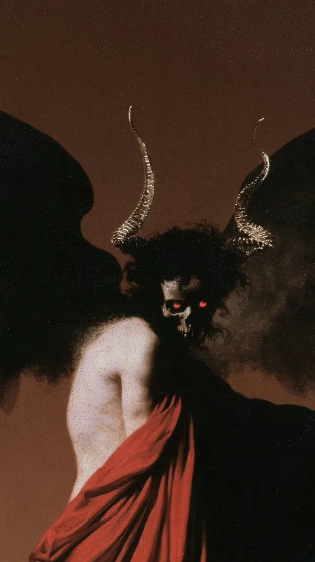 Horned figure in a crimson mantle. Visual study of horned portrait, crimson cloth, bat wings