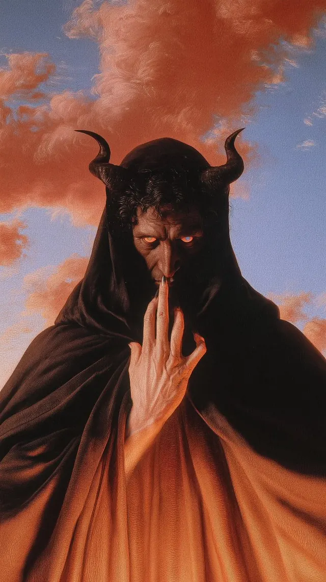 Horned figure with a finger to the lips. Visual study of horned portrait, hush gesture, dark fantasy