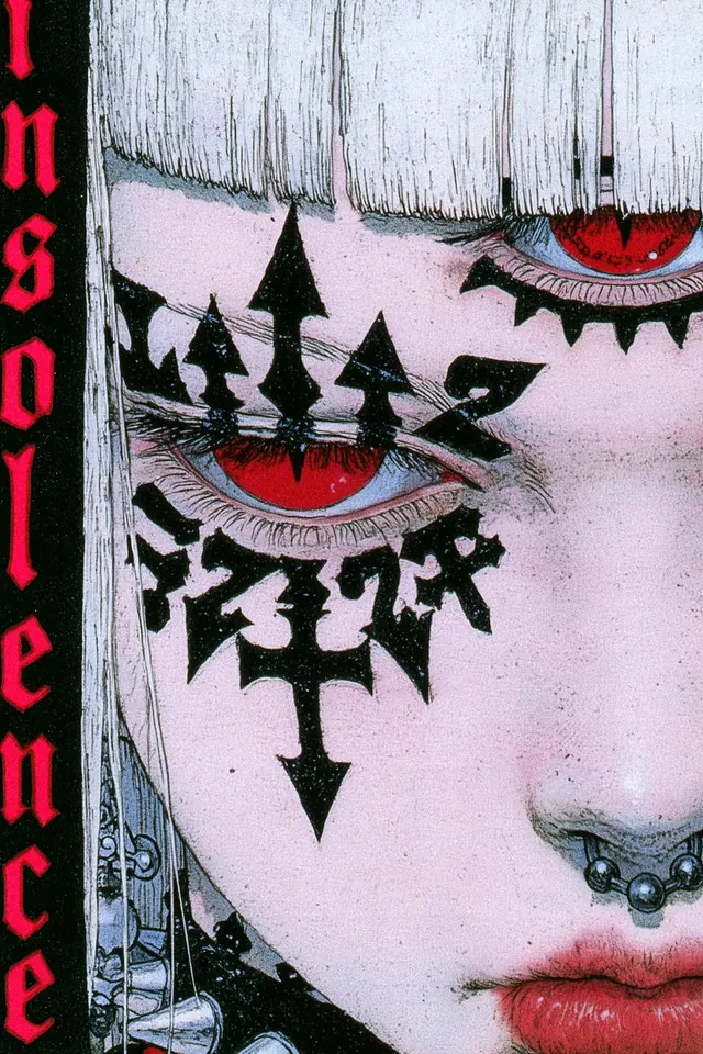 Insolence Red Eye Portrait. Visual study of gothic typography, manga portrait, red eyes