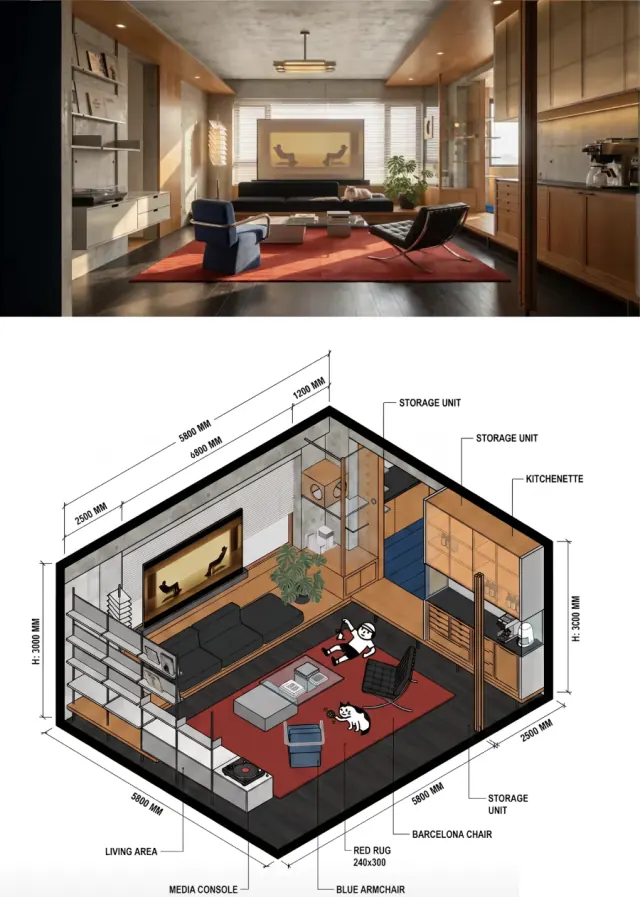 Original furnished room photograph beside an isometric architectural cutaway of the same interior