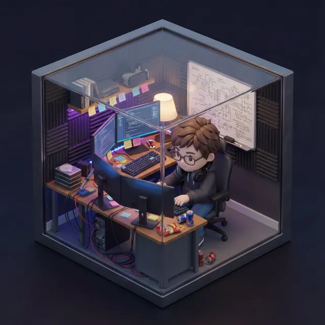 Detailed miniature audio production studio inside an open cubic architectural shell