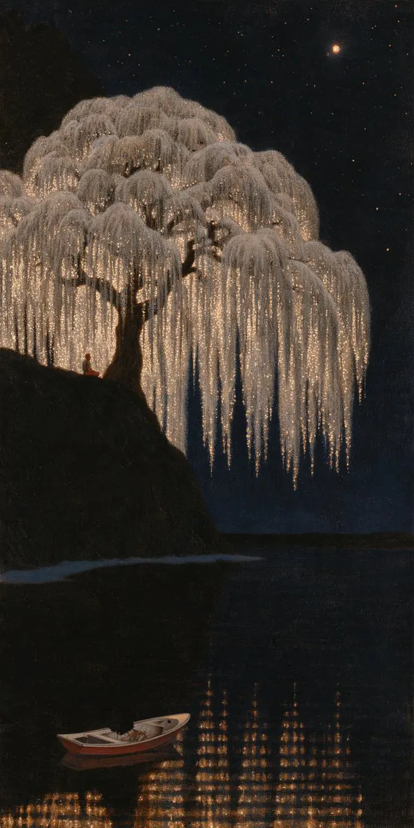 Ivory willow above a dark cliff lake. Visual study of ivory willow, night landscape, empty boat