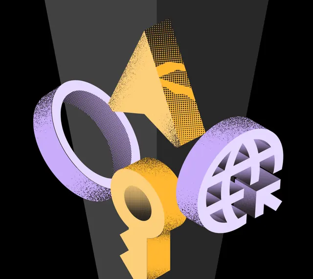 Lavender and golden extruded geometric glyphs in front of a dark gray faceted V shaped slab