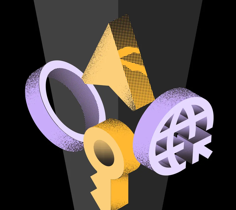 Glifi geometrici estrusi lavanda e dorati davanti a una lastra sfaccettata grigio scuro a forma di V.