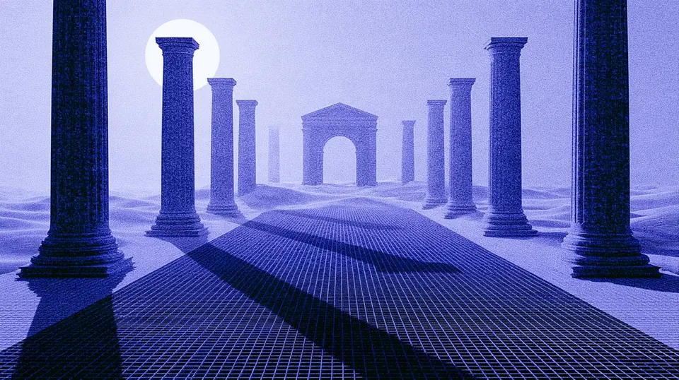 Colonnes symétriques, petite arche lointaine, dunes quadrillées, ombres indigo et disque blanc.