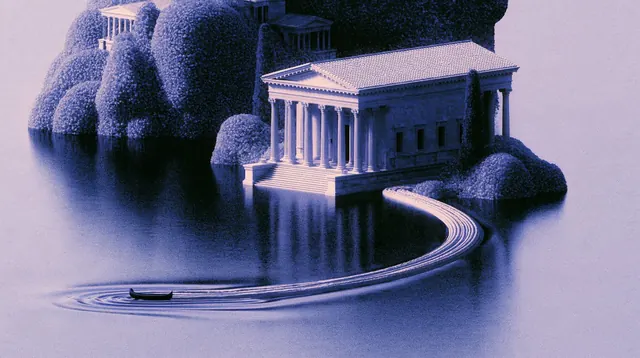 A lavender classical temple on a wooded island with a boat tracing a curved wake.