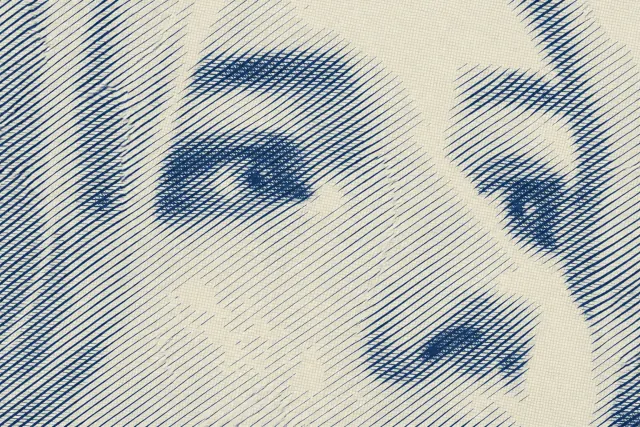 Close fragment of a face rendered through dense navy blue horizontal lines on a pale ground
