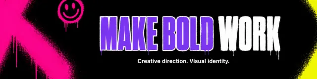 Panoramic LinkedIn banner with Bold work lettering and fluorescent graphic marks on black