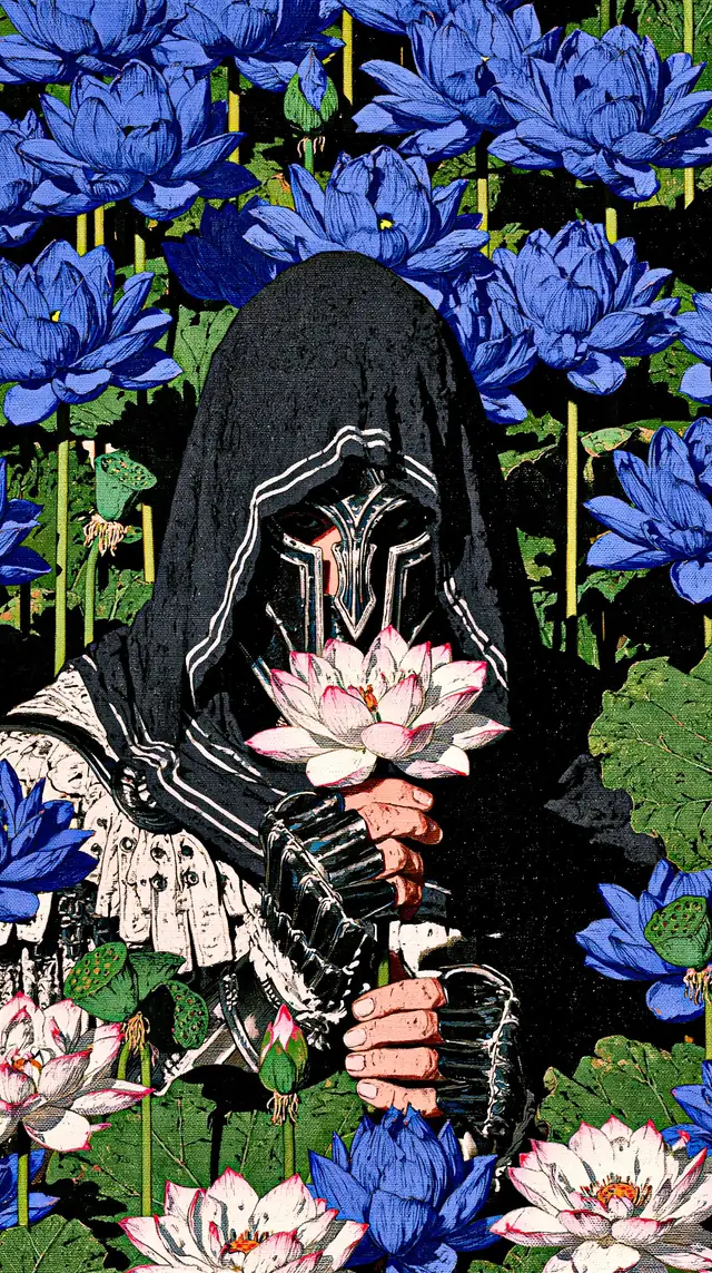 A black hooded armored figure holds a pale lotus among dense blue flowers.
