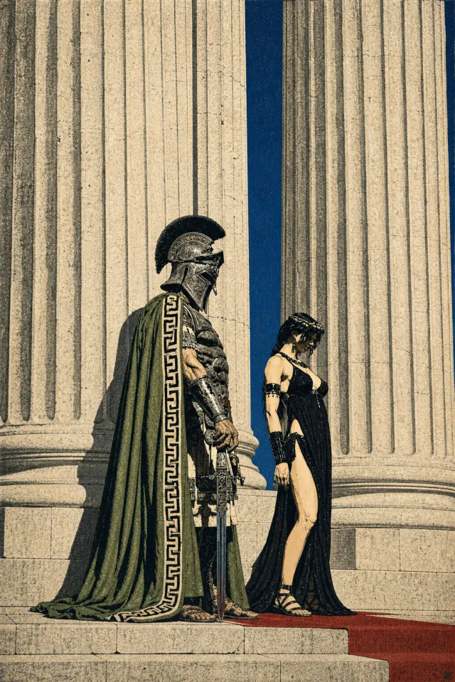 Armored warrior and a woman in a black gown beneath monumental ivory Greek columns and a narrow blue sky
