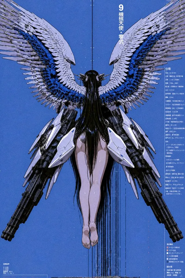 Mechanical Angel Blueprint. Visual study of mecha angel, technical poster, blue cybernetic illustration