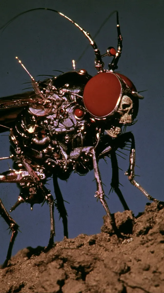 A black mechanical fly with an oversized red eye and skull shaped face standing on rough soil.