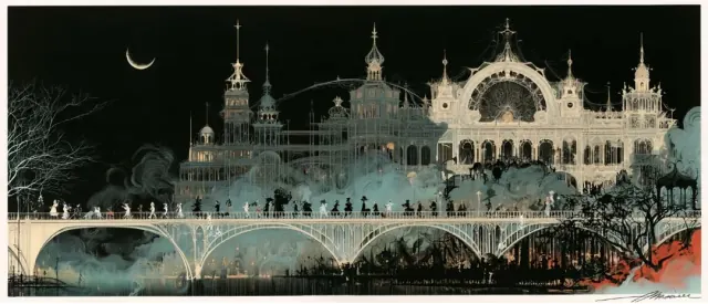 Panoramic antique engraving of a labyrinthine theater facade and bridges against a black night sky