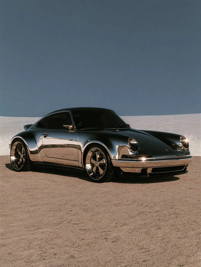 Mirror chrome classic Porsche on taupe sand beneath a slate blue sky