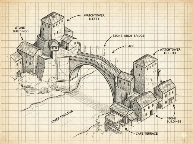 Isometric graphite and ink study of the Old Bridge in Mostar on cream graph paper