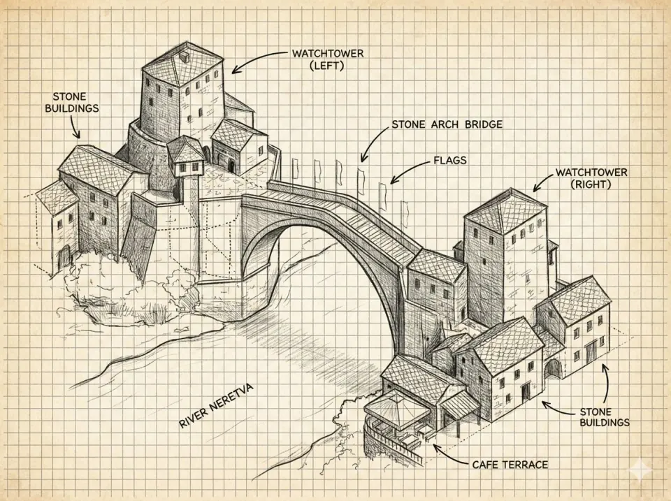 Isometric graphite and ink study of the Old Bridge in Mostar on cream graph paper