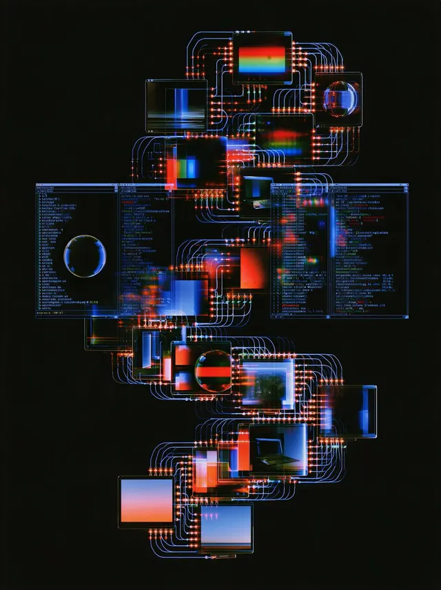 Overlapping retro computer windows linked by blue circuits and orange junctions