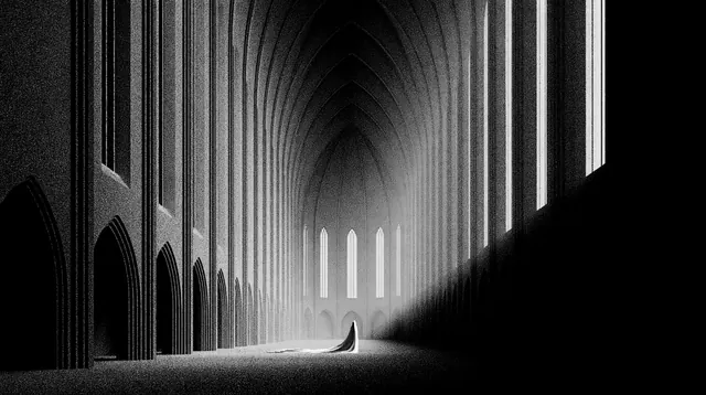 A tiny seated figure in a vast monochrome cathedral crossed by a diagonal beam of light.