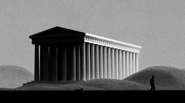 Monochrome dithered Greek temple with a dark front, bright side colonnade, dunes and small foreground silhouettes