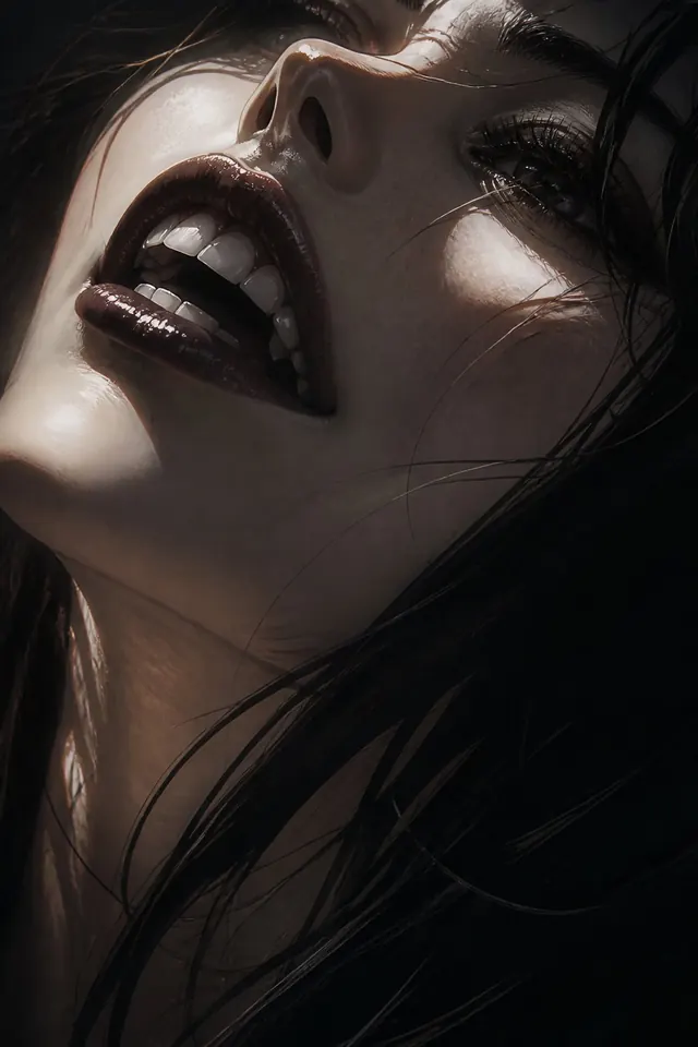 An extreme closeup of a woman tilting her face upward, with dark glossy lips and black hair in slanted light.