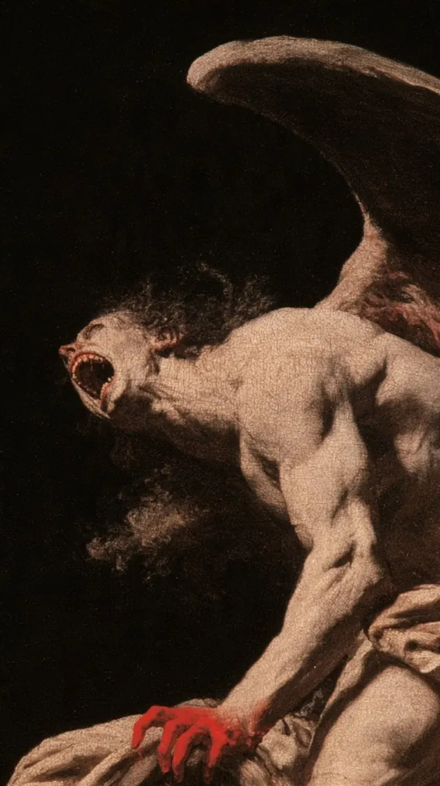Pale winged figure with a crimson hand. Visual study of winged anatomy, classical horror, red hand