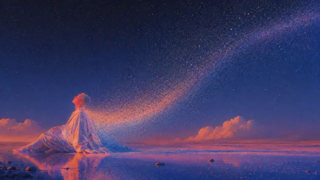 Small luminous figure surrounded by drifting particles in a spacious deep blue night scene