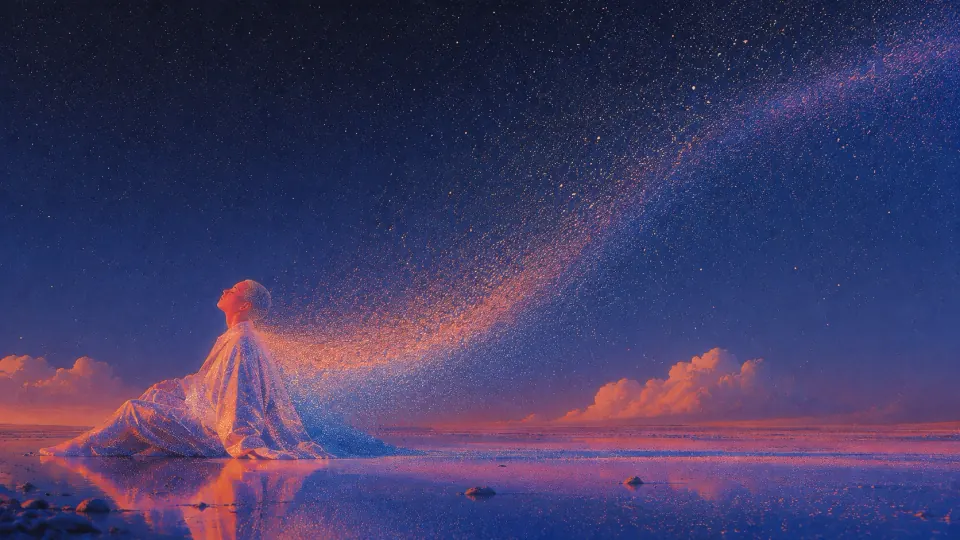 Small luminous figure surrounded by drifting particles in a spacious deep blue night scene