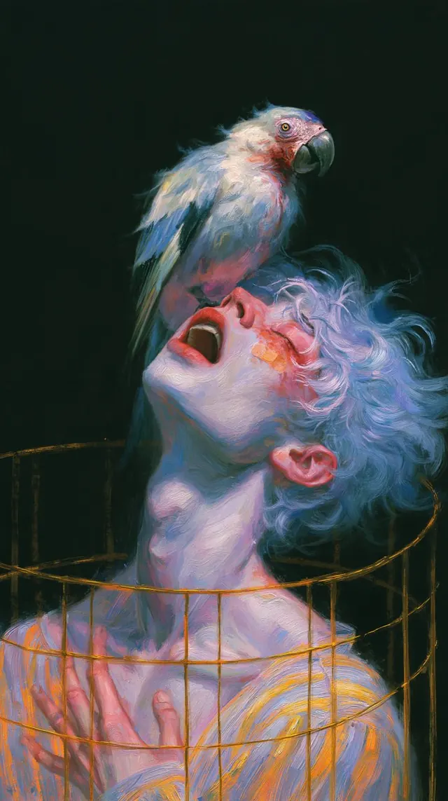 Pastel bird above an upturned face. Visual study of surreal portrait, bird portrait, pastel hair