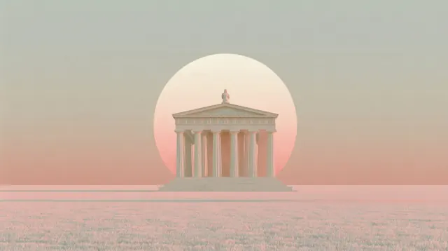 A small pale classical temple stands centered beneath a giant peach disk, surrounded by pink grass and muted green sky