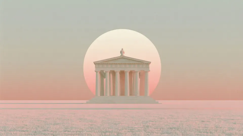 A small pale classical temple stands centered beneath a giant peach disk, surrounded by pink grass and muted green sky