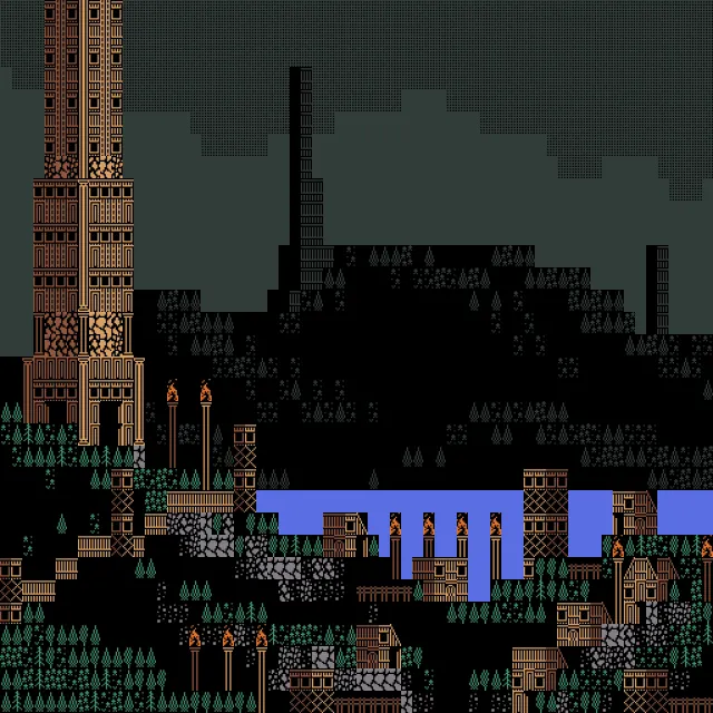Square pixel landscape with a patterned ochre tower, black terrain, mint conifers and a flat periwinkle lake