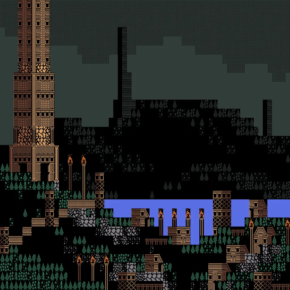 Square pixel landscape with a patterned ochre tower, black terrain, mint conifers and a flat periwinkle lake