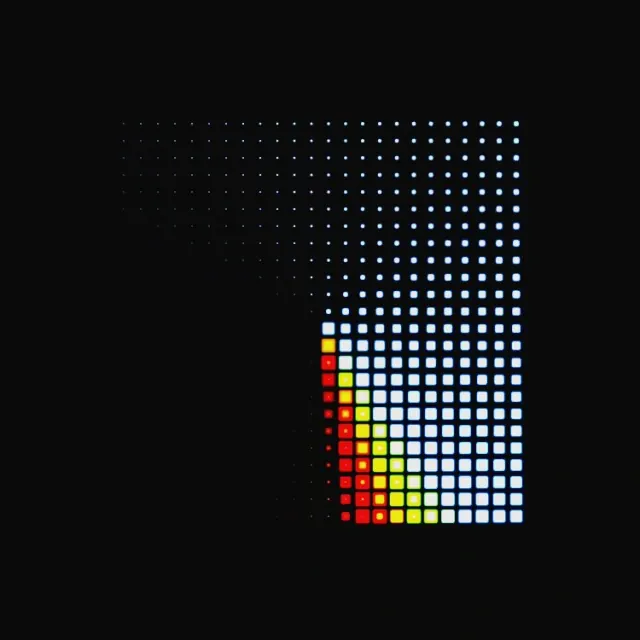 Centered grid of tiny luminous square pixels forming an abstract spiral on a dark background
