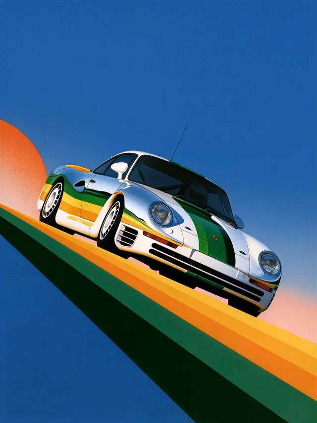 Chrome Porsche 959 with colored stripes on a diagonal ramp beneath a blue sky